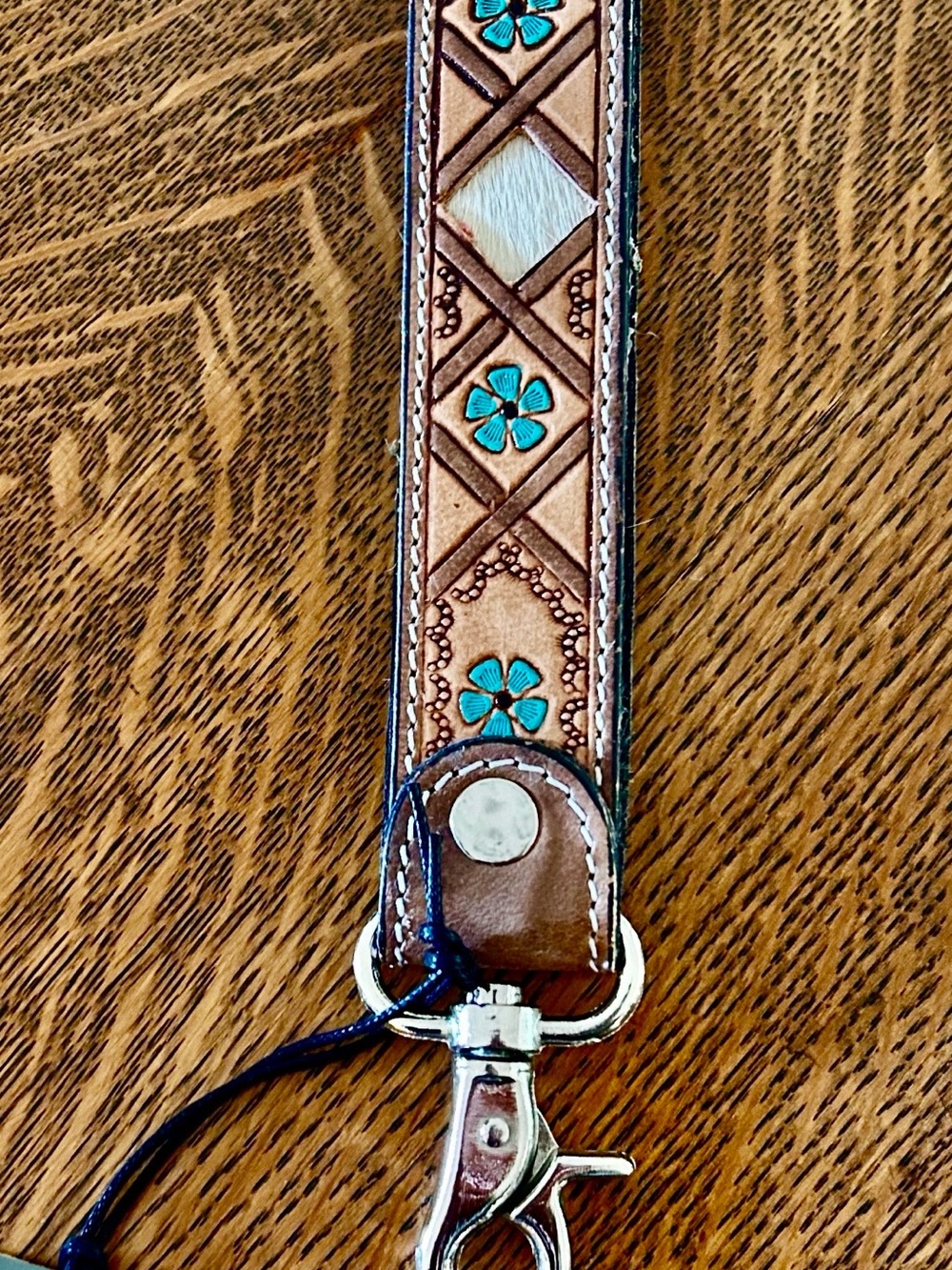 Myra Bag Brown Leather Key Holder with Turquoise and Harion Flower Accents